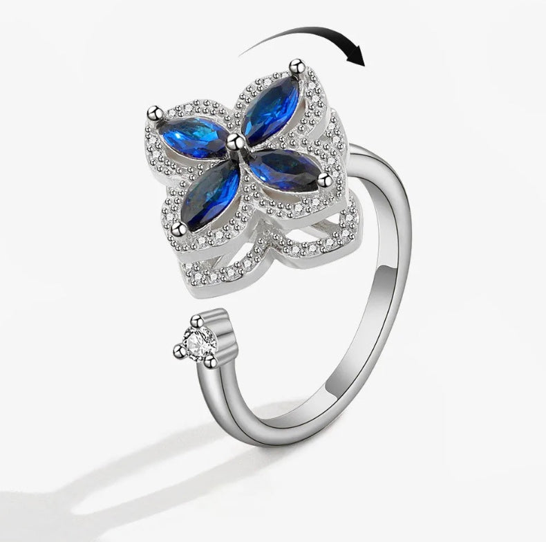 Sterling Silver Blue Flower Spinner Adjustable Ring