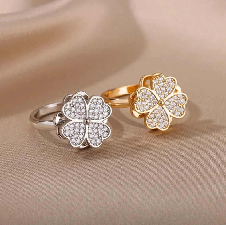 Stainless Steel Four Leaf Clover Silver Spinner Adjustable Ring