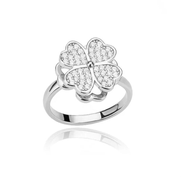 Stainless Steel Four Leaf Clover Silver Spinner Adjustable Ring