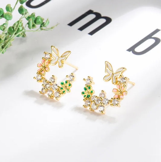 Butterfly and Flower Sterling Silver Earrings