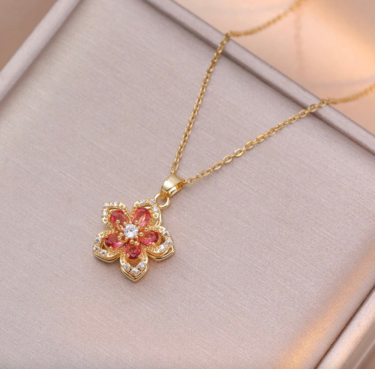 Stainless Steel Dark Pink Flower Rotating Necklace