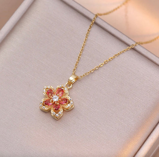 Stainless Steel Dark Pink Flower Rotating Necklace