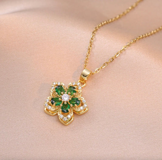 Stainless Steel Green Flower Rotating Necklace