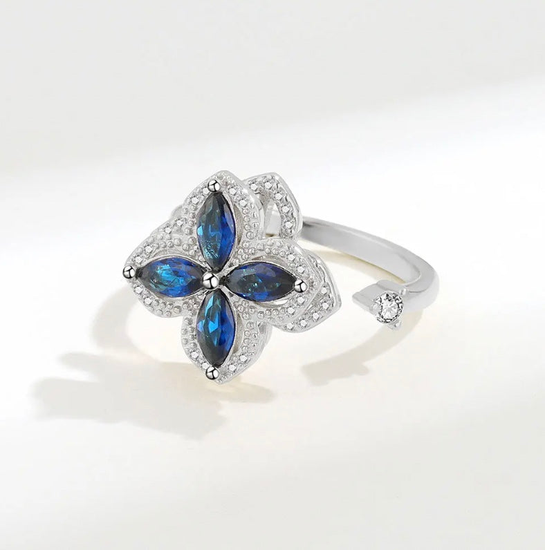 Sterling Silver Blue Flower Spinner Adjustable Ring