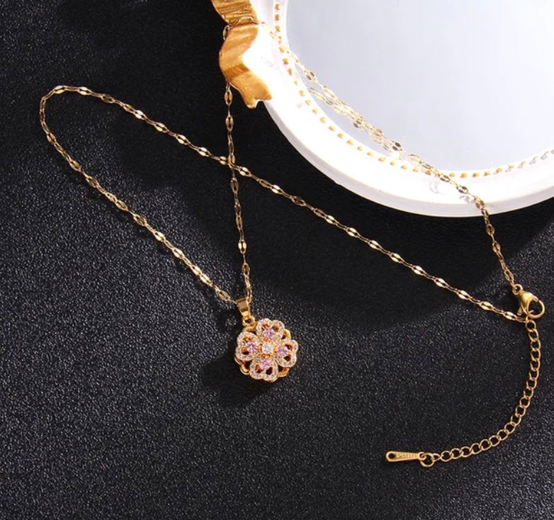 Stainless Steel Flower Gold and Pink Rotating Necklace