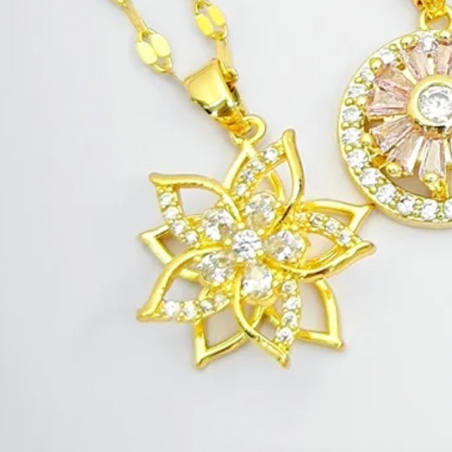 Stainless Steel Double Flower Gold Rotating Necklace