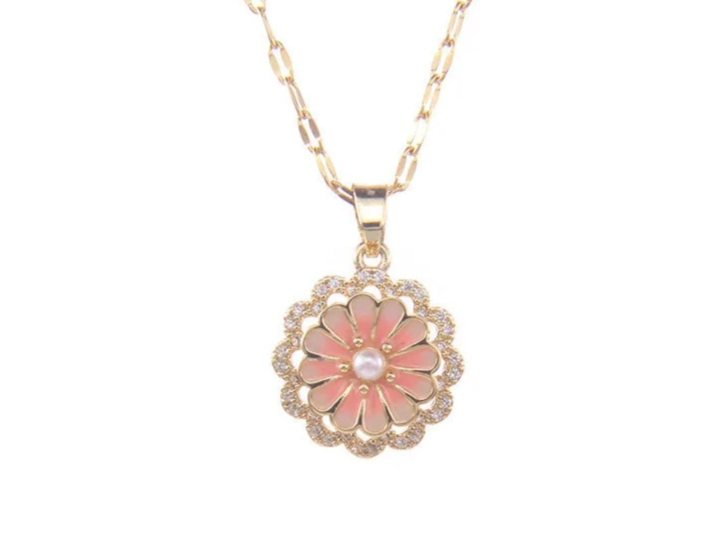 Stainless Steel Pearl Centre Pink Flower Rotating Necklace