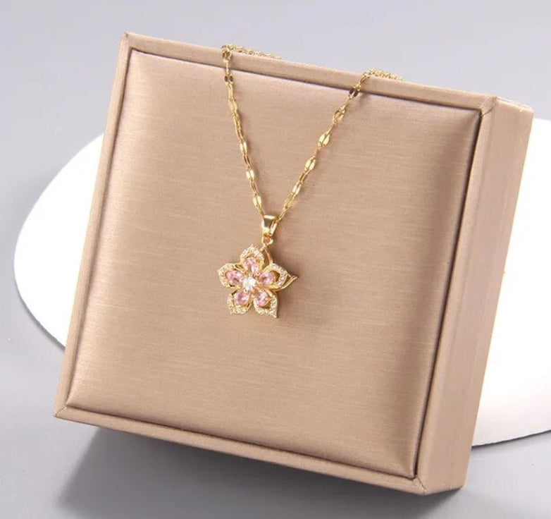 Stainless Steel Light Pink Flower Rotating Necklace