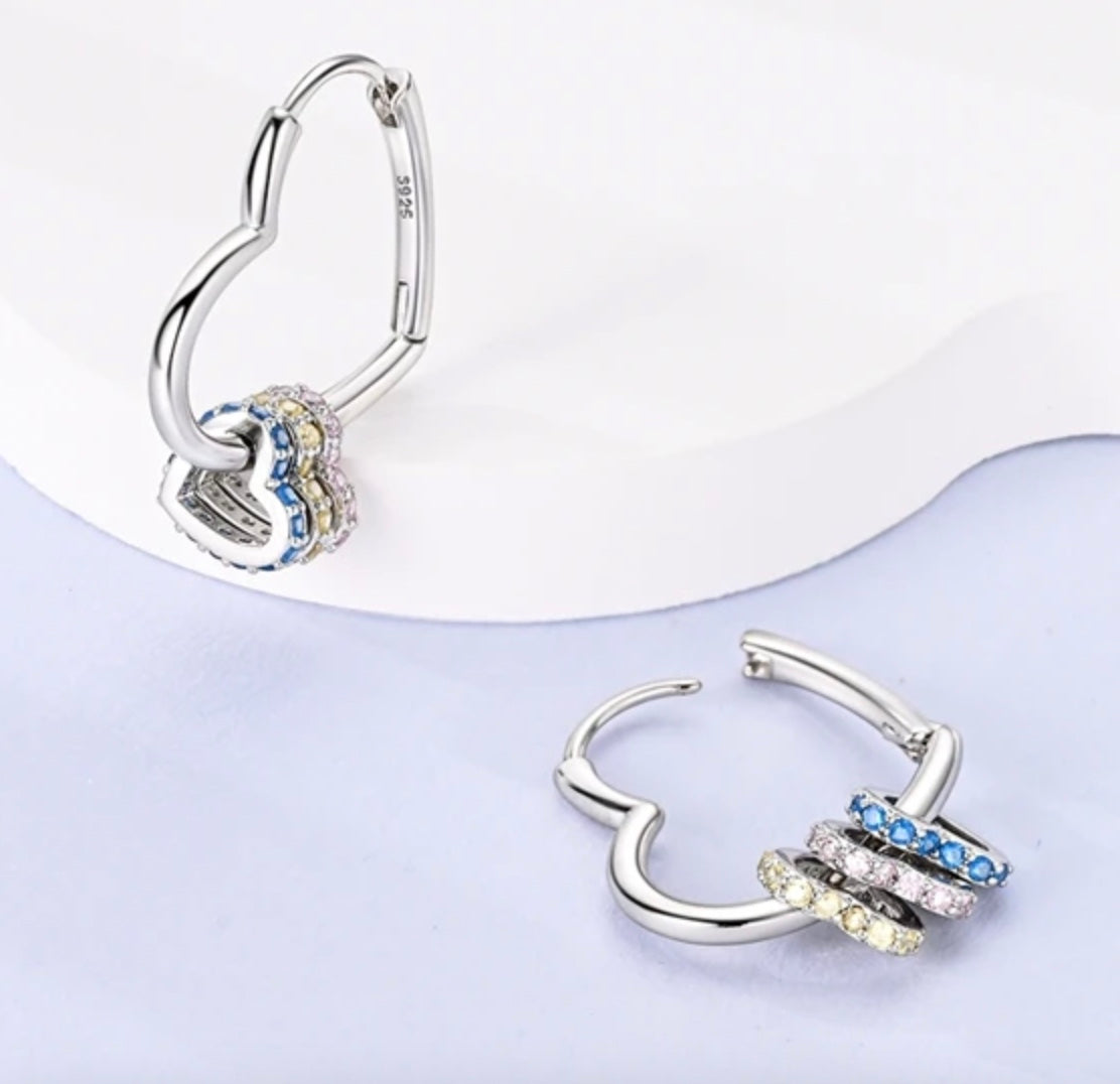 Sterling Silver Heart Shaped Hoop Earrings with Heart Shaped Coloured Fidgets